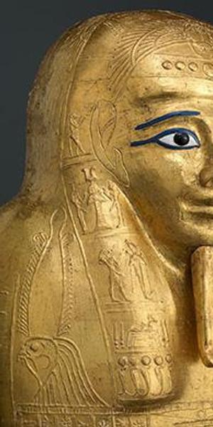 Gilded Coffin Lid for the Priest Nedjemankh (detail).Late Ptolemaic Period (150-50 B.C.).  Cartonnage, gold, silver, resin, glass, wood.  Purchase, 2017 Benefit Fund; Lila Acheson Wallace Gift; Louis V.  Bell, Harris Brisbane Dick, Fletcher, and Rogers Funds and Joseph Pulitzer Bequest; Leona Sobel Education and The Camille M.  Lownds Funds; and 2016 Benefit Fund, 2017 (2017.255b).  Image © The Metropolitan Museum of Art, New York