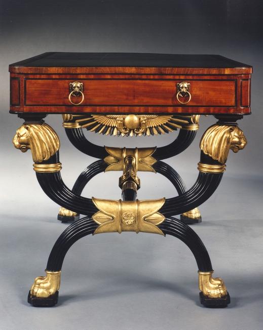 Side view, highly important Mahogany ebonized writing table in manner of THOMAS HOPE, circa 1815, at RONALD PHILLIPS.