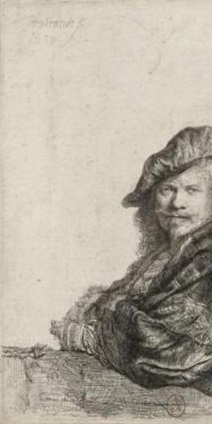 Rembrandt van Rijn, Self-Portrait Leaning on a Stone Sill, 1639.  Etching, with touches of drypoint; 8.07 x 6.45 in.  Bibliothèque nationale de France, Department of Prints and Photography.