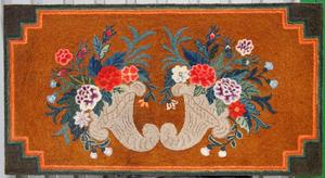 Double Cornucopia hooked rug, a brilliantly colored, finely hooked example from Maine