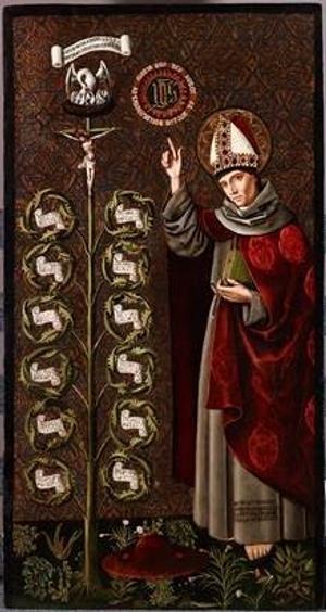 The Segovia Master (active in Castille, Spain, c.  1500), St.  Bonaventure with the Tree of Life, c.  1490, oil, gold leaf, and silver leaf on panel, Lent by Mr.  and Mrs.  Thomas Campbell, 28.2014.1