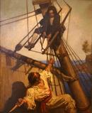 "One more step, Mr.  Hands," said I, "and I'll blow your brains out!" Illustration by N.C.  Wyeth for the 1911 edition of Robert Louis Stevenson's Treasure Island.  Collection of New Britain Museum of American Art.