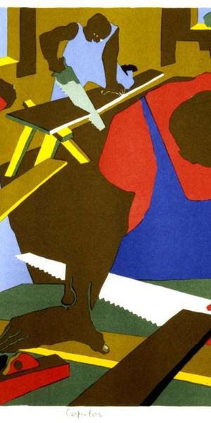 "Carpenters" lithograph by Jacob Lawrence in the Bruce Museum exhibition"ReTooled: Highlights from the Hechinger Collection."