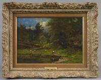 George Inness (American, 1825-1894), PASTORAL LANDSCAPE, circa 1865-67, oil on canvas, signed indistinctly lower right “George Inness”, 9 3/4 x 13 3/4 inches, (Estimate: $20,000-40,000).