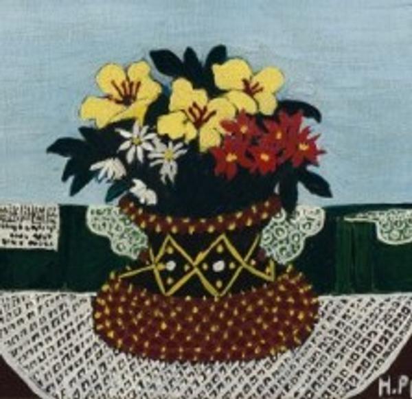 Horace Pippin, Flowers with Four Doilies, 1946.  Oil on canvas.  9 x 11 inches 