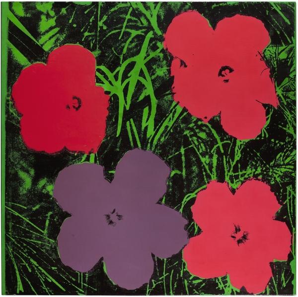 Andy Warhol, Flowers, 1964, acrylic, fluorescent paint, and silkscreen ink on linen, 48 x 48 in., ©2012 The Andy Warhol Foundation for the Visual Arts, Inc./Artists Rights Society (ARS), New York