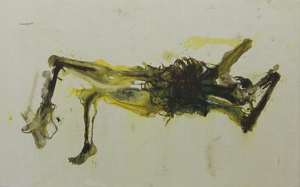 Shawki Youssef, Fluid being, evaporated bones, Mixed media on canvas, 140 x 224 cm,2011