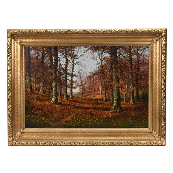 Oil on canvas painting signed by William McKendree Snyder (American, 1848-1930), a superb Indiana fall scene of a path among trees, mounted in a 27 ½ inch by 37 ½ inch gilt frame.