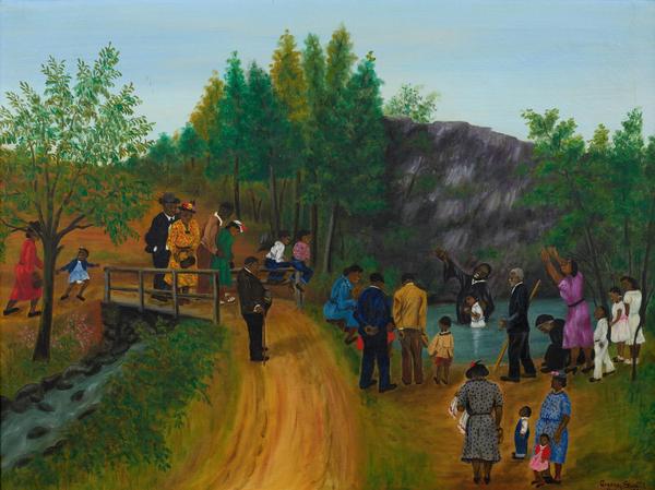 Queena Stovall (1887-1980) The Baptising, signed Queena Stovall and dated March, 1951, lower right, oil on canvas, 24 x 32 ¼ inches 