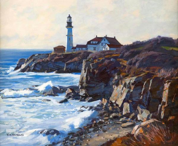 "South Portland Light" by contemporary Massachusetts artist T.M.  Nicholas in Eldred's American Paintings Auction