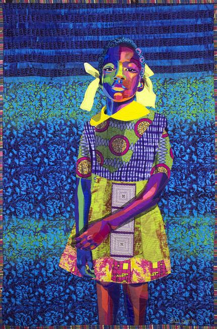 Bisa Butler, The Princess, 2018.  Cotton, chiffon, lace and satin.  70 x 46 in.  (177.8 x 116.8 cm).  Collection of Bob and Jane Clark 