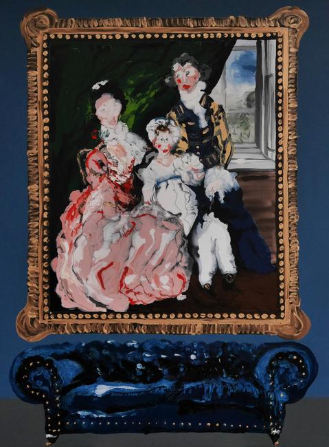 The Darlington Family Portrait by Mary Ronayne, 2021, Enamel on wood panel (120 x 90 cm)