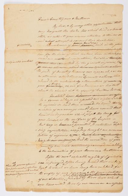 Livingston, Robert R.  (1746–1813), and Richard Henry Lee (1732–1794) as Delegates to the Second Continental Congress, Manuscript document unsigned, Draft of “The Twelve Colonies by their Delegates in Congress to the Inhabitants of Great Britain” – July 1775Philadelphia, PA July 1775.  Opening words “FRIENDS, COUNTRYMEN & BRETHEREN,” Draft written by Livingston with edits by Lee (1732–1794).  12 pages on 6 leaves (with writing on both sides of the paper), 24.5 x 31 cm.