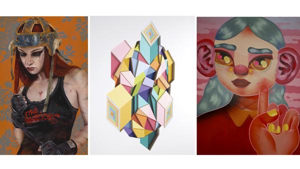 Work by Brian Viveros (left), Huntz Liu (center), Motelseven (right)