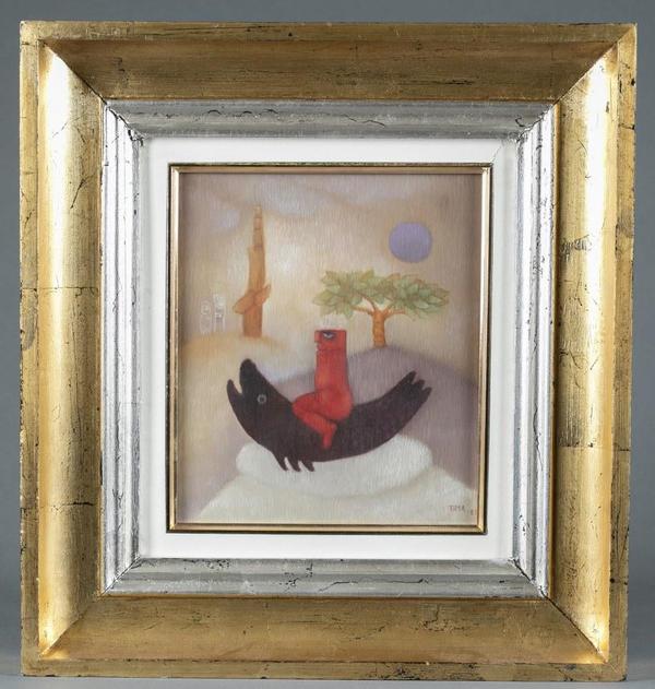 Surrealist-style oil-on-canvas painting by Peruvian artist Tilsa Tsuchiya (1929-1984), titled Perseonaje Rojo, est.  $20,000-$30,000 