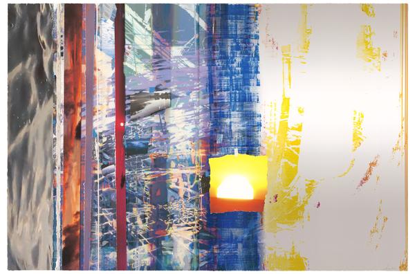 Sarah Sze, White Flash, 2021.Lithograph, inkjet, silk-screen and watercolor with collage.  Edition of 32.  Courtesy of the Artist and Universal Limited Art Editions (ULAE)