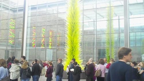 Dale Chihuly, Lime Green Icicle Tower, installed in the Shapiro Family Courtyard at the Museum of Fine Arts, Boston.  