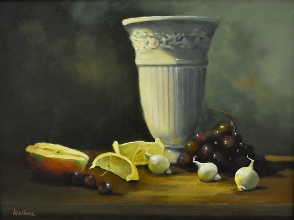 Joan Wallace, Still Life with White Vase, oil, 12 x 16