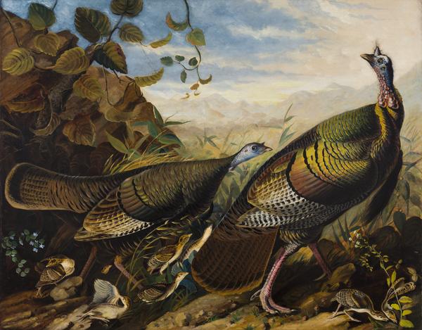 John James Audubon, Wild Turkey, Cock, Hen and Young.  1826.  Oil on linen.