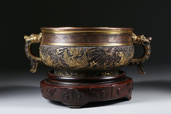 A 17th century Chinese gilt bronze silverwire censer, by Hu Wenming