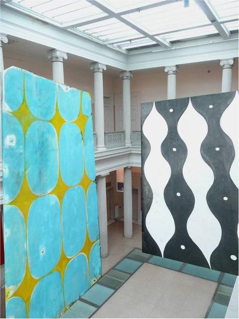 A rendering of the forthcoming installation of paintings by Chris Martin, each 26 feet high, which will be on view in the Corcoran's Atrium.