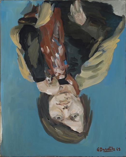 Georg Baselitz (German, b.  1938).  Portrait of Elke I, 1969.  Synthetic resin emulsion paints (Dispersionsfarbe) on canvas.  The Metropolitan Museum of Art, Gift of the Baselitz Family, 2020 (2020.129.6).  © Georg Baselitz 2021.  Photo: Jochen Littkemann