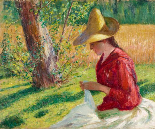 John Leslie Breck (American, 1860-99).  "Suzanne Hoschedé-Monet Sewing," 1888, oil on canvas.  Gift of the Mint Museum Auxiliary and courtesy Heather James Fine Art.  2016.25