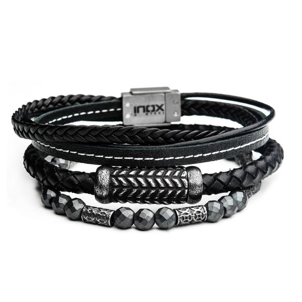 Men's Stackable Bracelets: Consists of Black Braided Leather Bracelet with Antique Stainless Steel Patterned Magnetic Center Buckle 8 ½-inch-long; Grey Hematite with Antique Steel Beads Bracelet 8 ¼-inch-long; Black Leather in White Tread and Braided Layered Bracelet with Steel Clasp.  8 ½-inch-long.