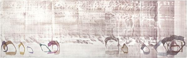 John Cage, New River Rocks and Washes, 1990, watercolor and washes on rag paper, 108 × 337 inches.  Private collection.  © John Cage Trust.  