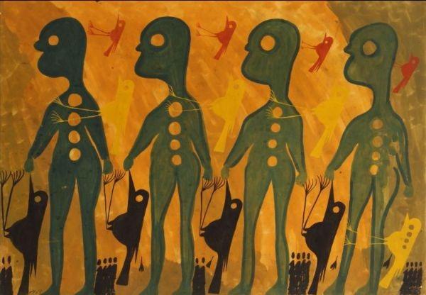 Carlo Zinelli, Quattro uomini verdi e uccelli su sfondo giallo (Four green men and birds on yellow background), 1963, Tempera on paper, 20 x 27.5 inches, Collection of Oliana and Alessandro Zinelli.