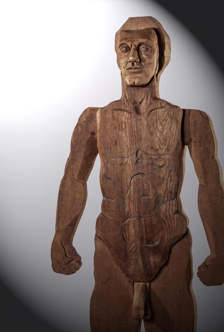 Charles Jarm (1932-2021); Untitled (Large Standing Man); Carved wood, graphite; Circa: 1970; Size: 72" overall height