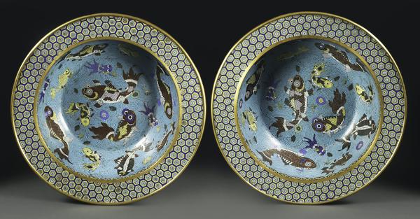 A pair of Large Chinese Cloisonné Basins, circa.  1736-1795 Diameter: 18 3/4 inches 