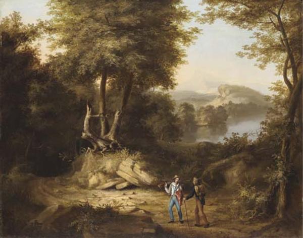 Thomas Cole, Hunters in a Landscape, 1824-25, 28 1/4” x 35 1/2”, Oil on canvas, Thomas Cole National Historic Site, Gift of Dr.  Susan Gates Austin Warner