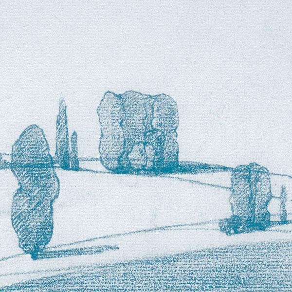 Leon Dabo, Groups of Trees in a Raking Light, colored crayon on paper, 5.5 x 7.75 inches