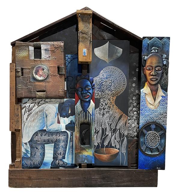 Daniel Minter, A Distant Holla, Deep Inside Us, mixed media assemblage, 2021, 62 x 42 x 6 in., Gift of Ann and Dick Costello