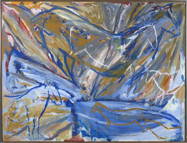 Elaine de Kooning, Six Horses: Blue Wall, 1987, acrylic on canvas, 46 x 60 inches.