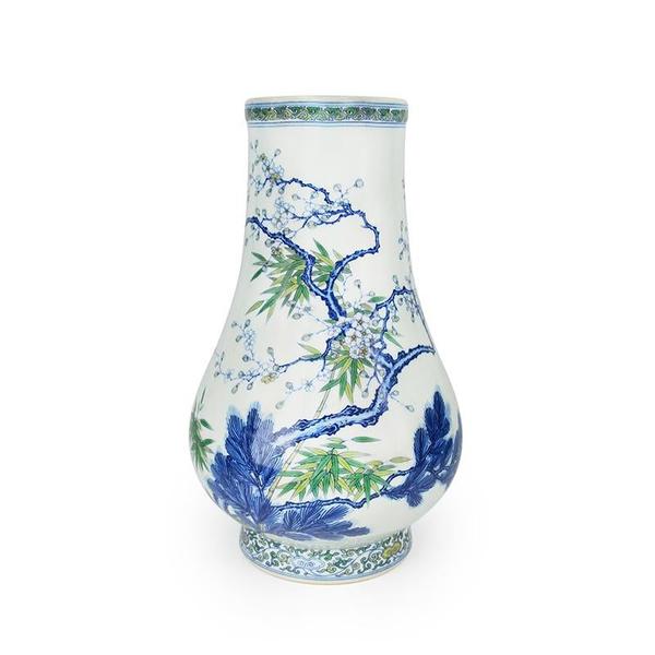 Lot 91, Qing, A Fine Doucai ‘Three Friends’ Bottle Vase.  Estimate $30,000 - $40,000.