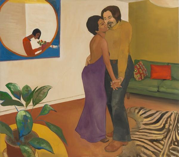 Emma Amos (American, 1937 – 2020), “Sandy and Her Husband,” 1973.  Oil on canvas, 44 1⁄4 × 50 1/4 inches.  Cleveland Museum of Art; John L.  Severance Fund, 2018.24.  