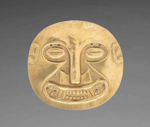 Ornament from Sitio Conte: Small Plaque c.  400-500.  Panama, Conte style, 5th - 10th century.  Hammered gold.  9.3 x 10 cm (3 11/16 x 3 15/16 in.) The Norweb Collection 1951.155