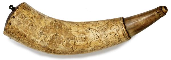 Moses Walcut Engraved Powder Horn - realized $25,850