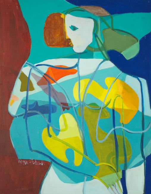 Anya Fisher, White Faced Woman Facing Left With Teal Background, circa 1970's, oil on canvas, 30 x 24, signed lower left