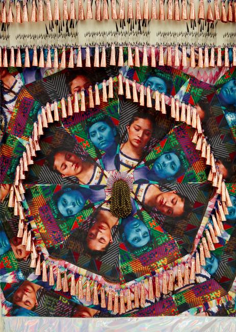 DETAIL: Jeffrey Gibson (Choctaw and Cherokee, b.  1972) The Anthropophagic Effect, Garment no.  2, 2019.  Canvas, cotton, vinyl, brass grommets, nylon thread, artificial sinew, dried pear gourds, copper jingles, glass and plastic beads, nylon ribbon.  Overall: 58 x 72 inches © Jeffrey Gibson Photography by Jason Wyche 