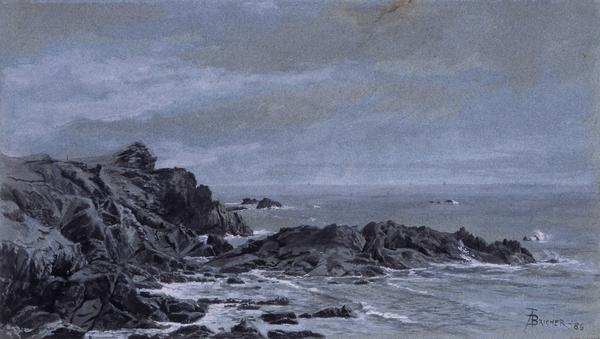 Alfred Thompson Bricher (American, 1837–1908) Rocky Shore, 1886 Ink wash, gouache and graphite on blue wove paper 10 15/16 x 19 9/16 inches Georgia Museum of Art, University of Georgia; The Mr.  and Mrs.  Fred D.  Bentley Sr.  Collection of American Art, Gift of Mr.  and Mrs.  Fred D.  Bentley Sr.  GMOA 1989.40