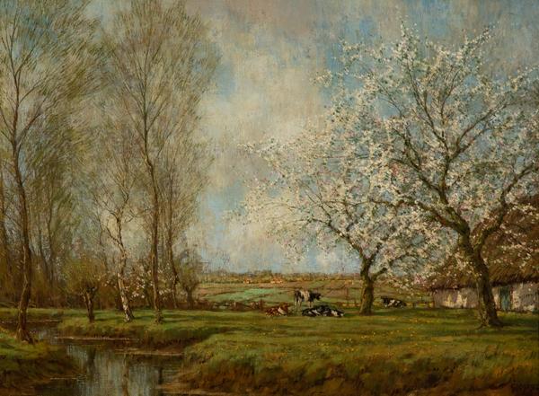 Arnold Marc Gorter (Dutch, 1866–1933), Farm with Blooming Apple Trees, n.d.  Oil on canvas, 22 1/2 x 32 1/2 in.  Crocker Art Museum, gift of the Beekhuis Family Foundation, 2019.117.30