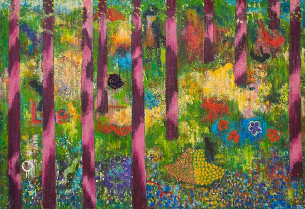 Michael Harvey, If you go down to the woods today, 2020, acrylic on canvas, 46” x 68.”