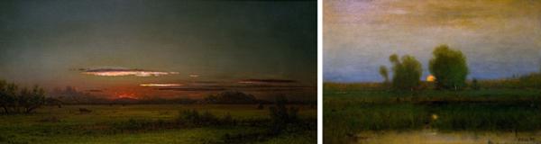 (Left) Martin Johnson Heade, New Jersey Salt Marsh, ND, Oil on canvas.  Collection Brandywine River Museum of Art.  Gift from the Estate of Richard Mellon Scaife (Right) George Inness, Moonrise, Alexandria Bay, 1891, Oil on canvas.  Collection Westmoreland Museum of American Art.  Gift from the Estate of Richard Mellon Scaife