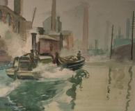 Pictured: Artist Henry Gasser (1909-1981), Watercolor, Tugboat, c.  1940’s, Frame size 20H x 23W