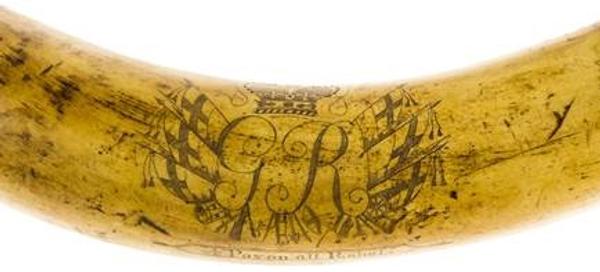 detail, Loyalist's engraved powder horn