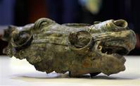 The recently discovered gold and bronze Roman-era horse head was revealed in Frankfurt.