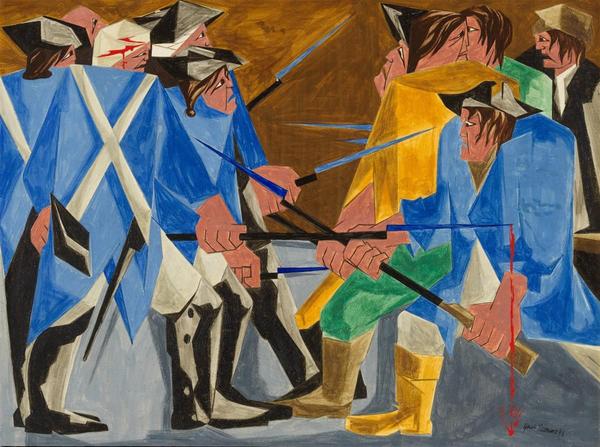 Jacob Lawrence, (American, 1917–2000).  There are combustibles in every State, which a spark might set fire to.  —Washington, 26 December 1786, Panel 16, 1956, from Struggle: From the History of the American People, 1954–56.  Egg tempera on hardboard.  Private Collection.  © The Jacob and Gwendolyn Knight Lawrence Foundation, Seattle/Artists Rights Society (ARS), New York.  Photo by Anna-Marie Kellen.